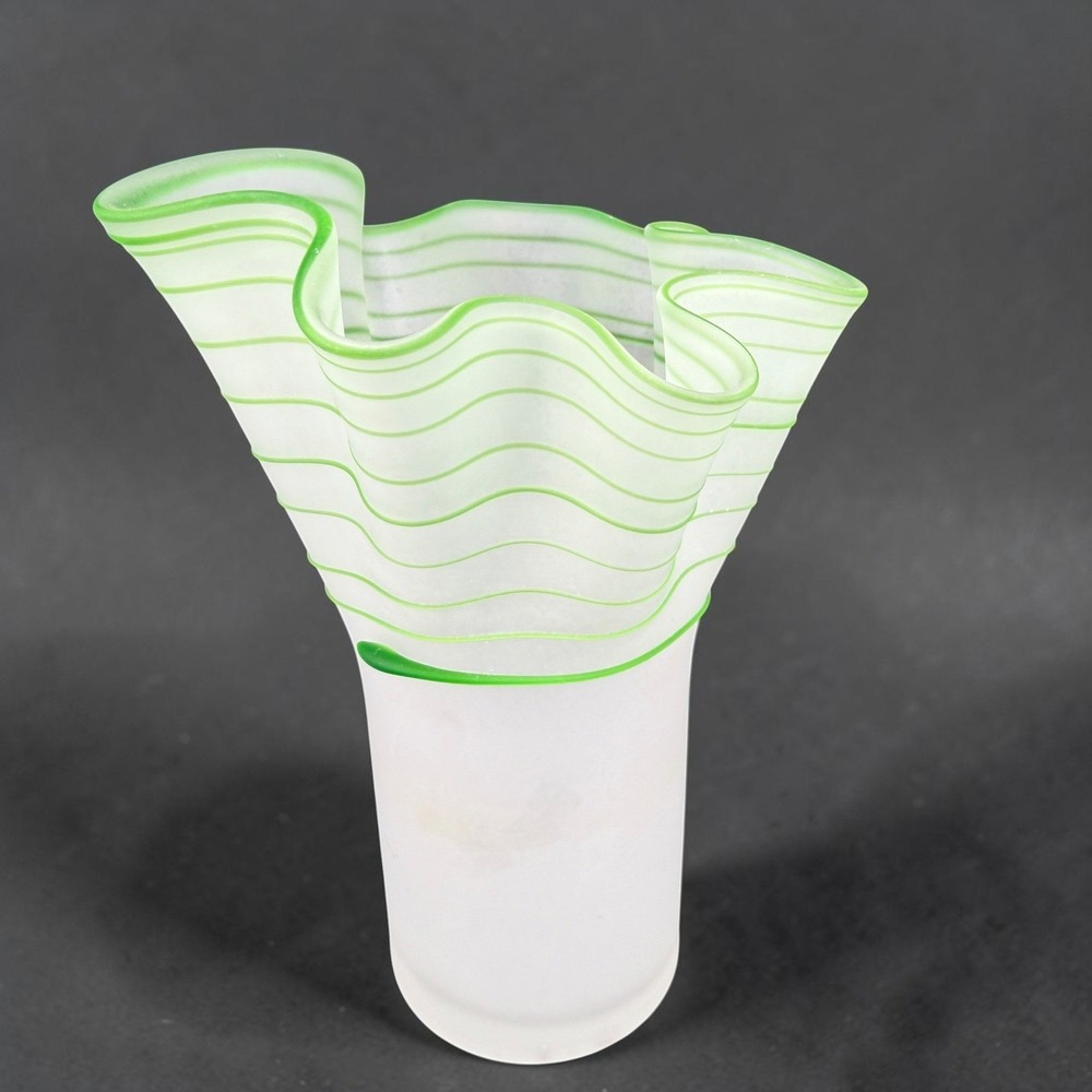 Frosted White and Lime Green Striped Handkerchief Ruffled Art Glass Vase 8inch